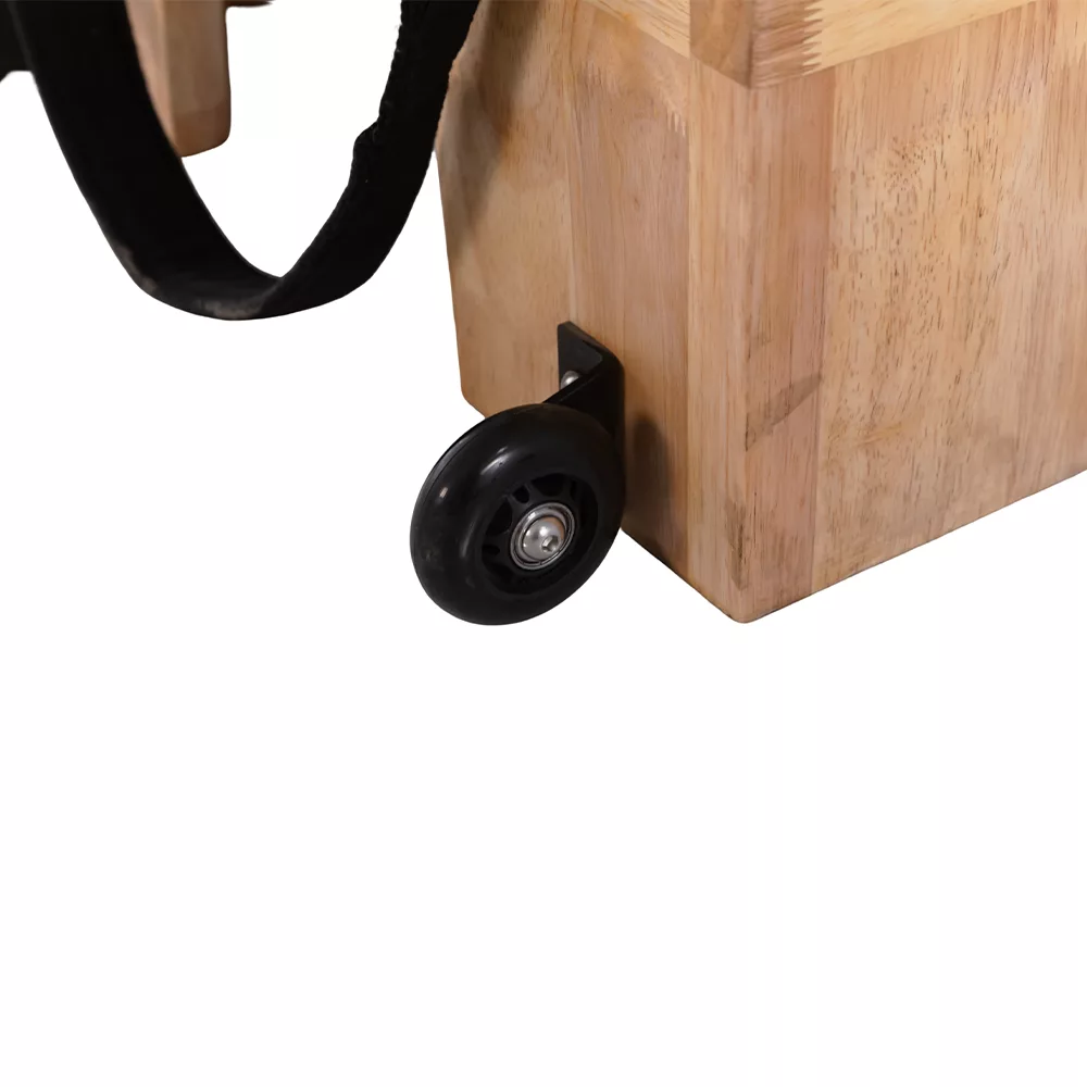 Transport wheel detail on wooden children Pilates reformer Transport wheel detail on wooden children Pilates reformer
