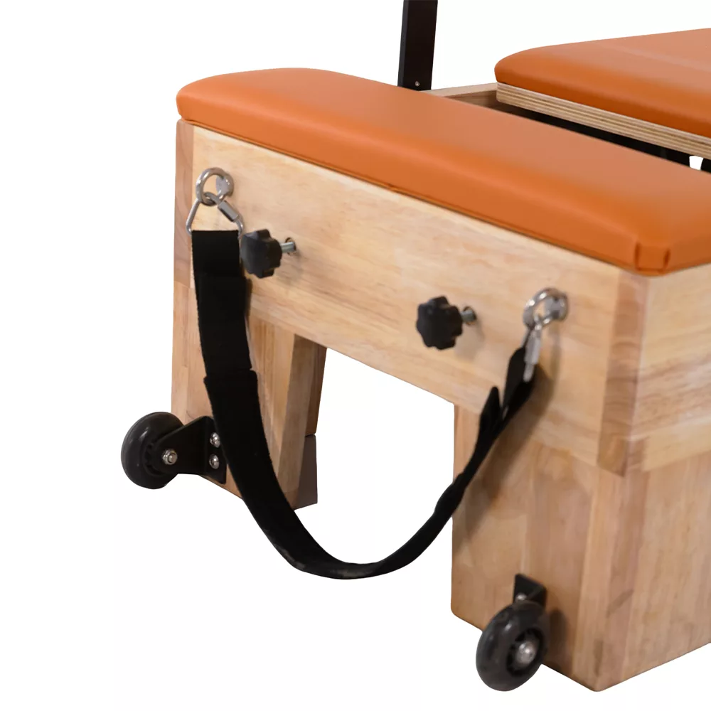 Wooden children Pilates reformer end frame with straps and transport wheels Wooden children Pilates reformer end frame with straps and transport wheels