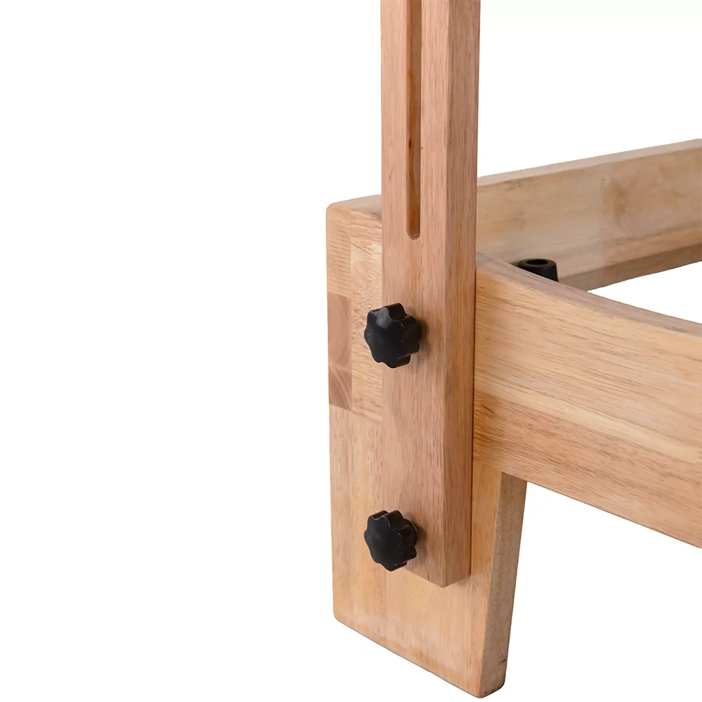 Wooden frame detail of children Pilates reformer with adjustable knobs Wooden frame detail of children Pilates reformer with adjustable knobs